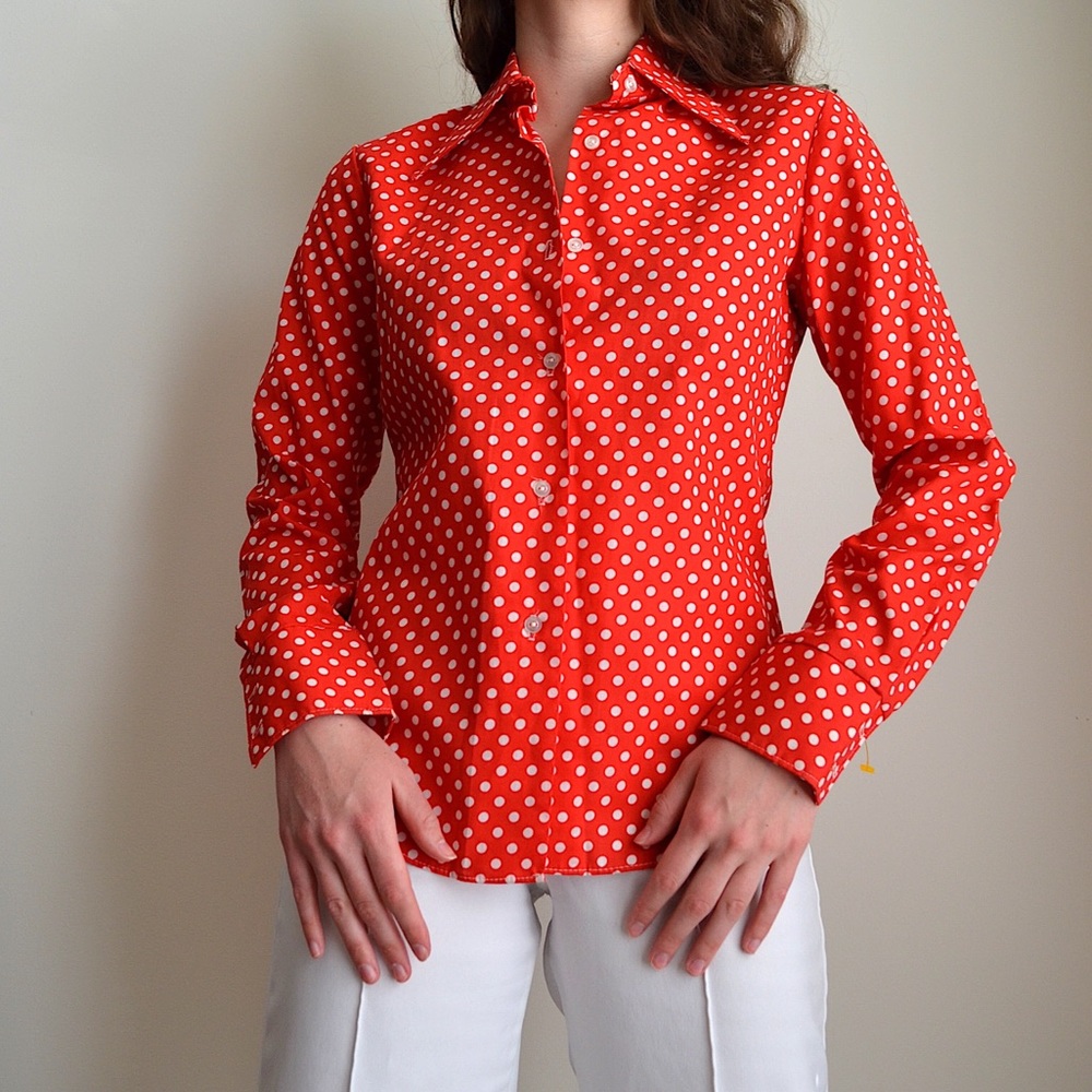 vintage 1970s polka dot button down shirt with disco collar from shirt accent